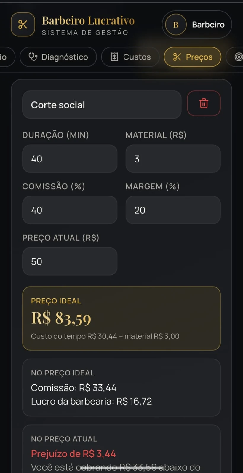 Tela do aplicativo Sistema Barbeiro Lucrativo — Preços e preço ideal por serviço