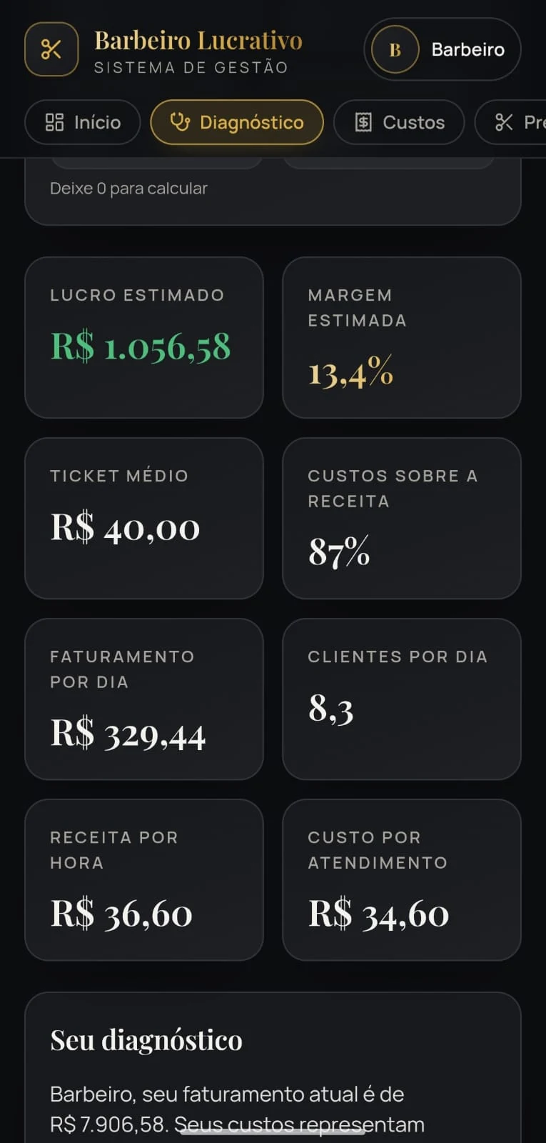 Tela do aplicativo Sistema Barbeiro Lucrativo — Diagnóstico dos números