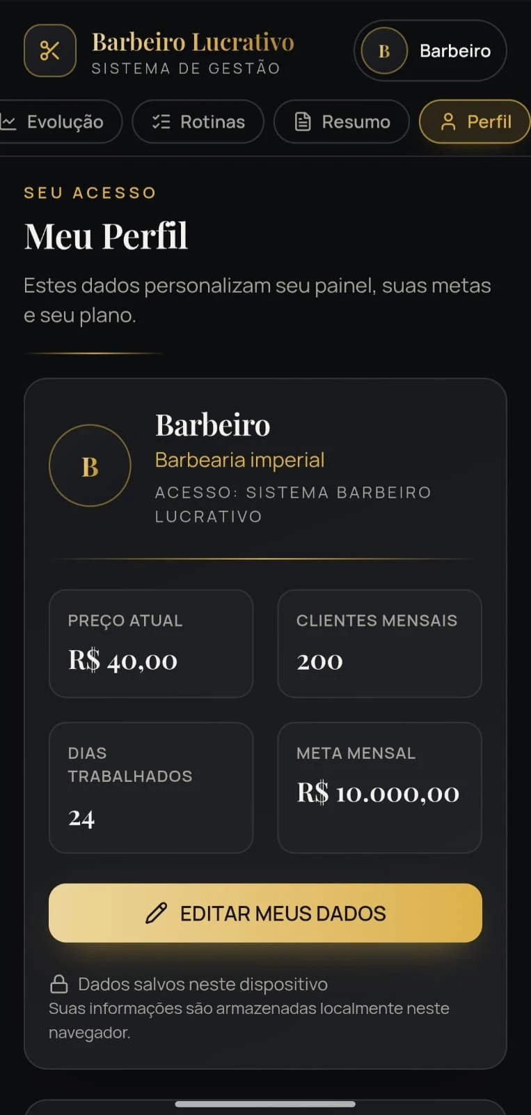 Tela do aplicativo Sistema Barbeiro Lucrativo — Perfil, metas e clientes por mês